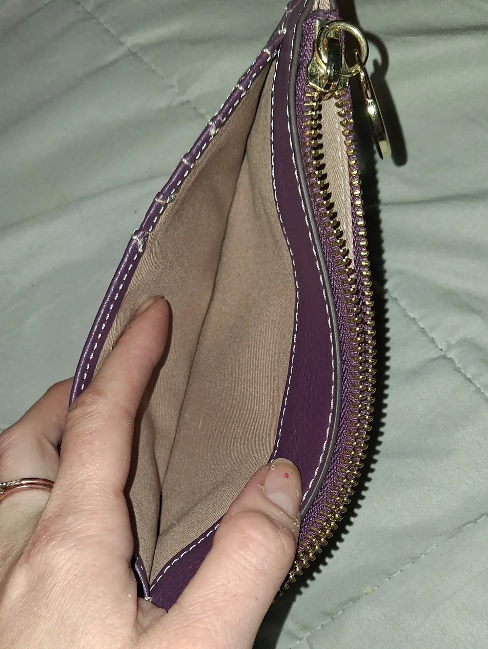 Long Zip Wallet in Deep Plum Leather with Gold Accent